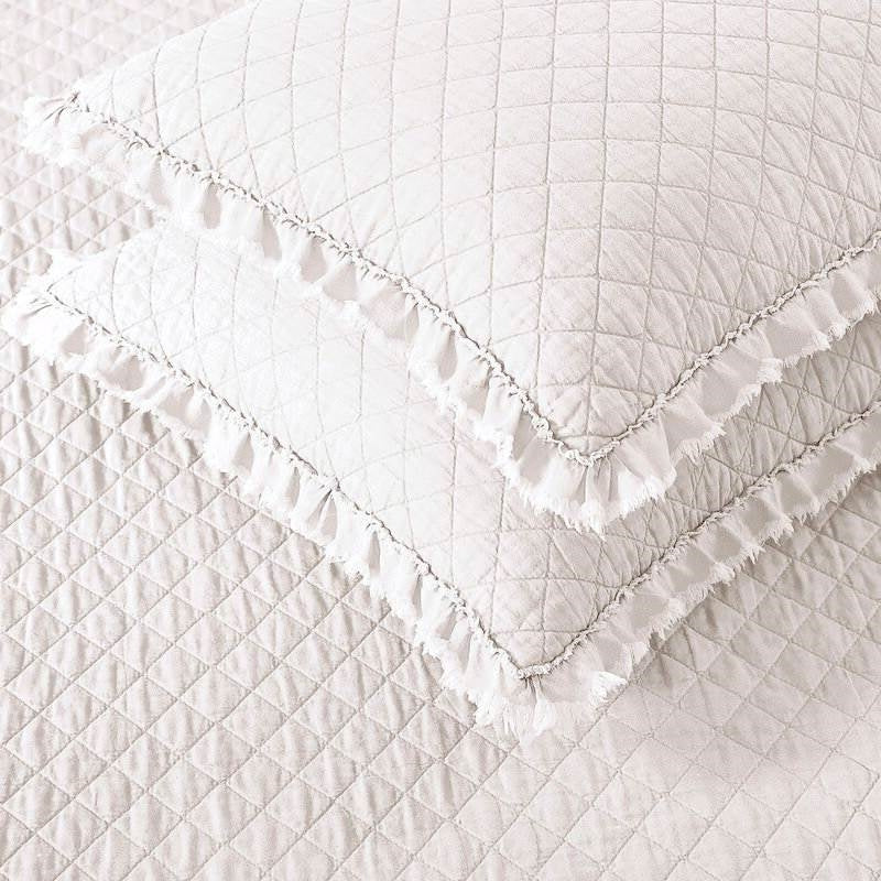 Full Queen White Farmhouse Microfiber Diamond Quilted Bedspread Set Frayed Edges-2