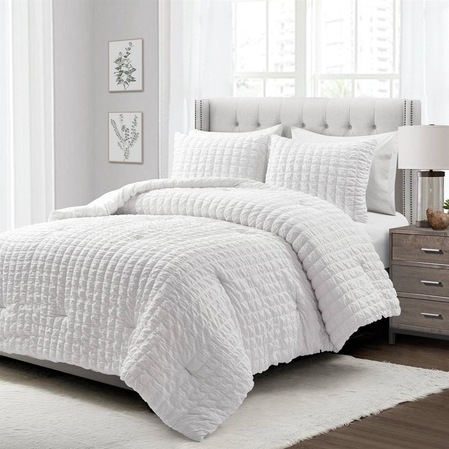 Full/Queen Crinkled Texture Microfiber 3 Piece Comforter Set White-2