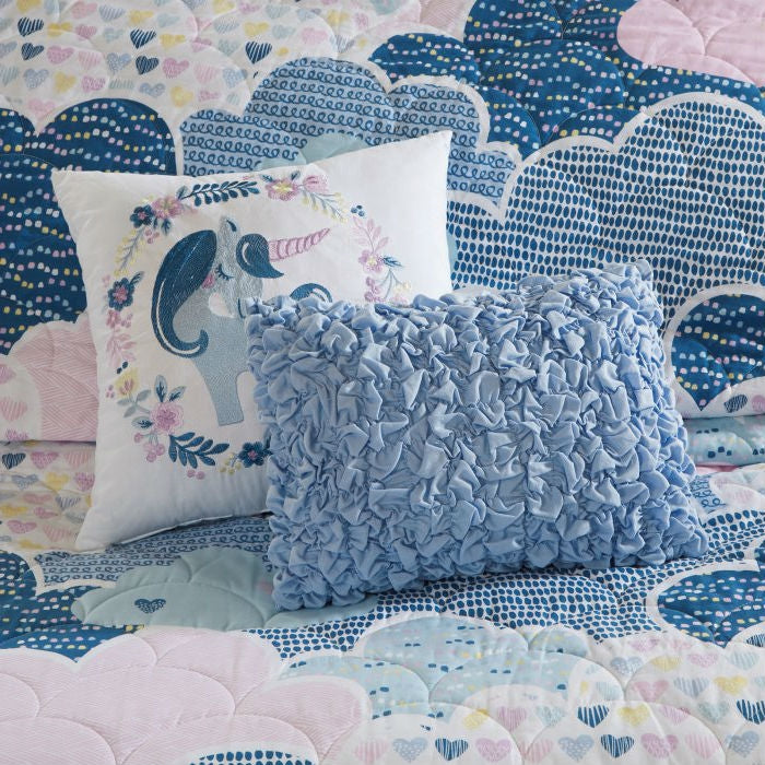 Full/Queen Kids Blue Pink Unicorn Clouds Quilt Coverlet Bedspread Set-3