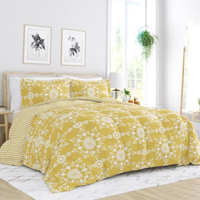 Full/Queen size 3-Piece Yellow White Reversible Floral Striped Comforter Set-0