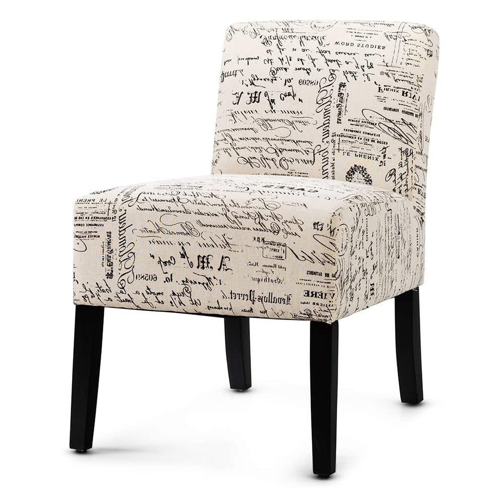 Modern Accent Chair Off-White French Cursive Pattern Upholstery with Black Wood Legs-0