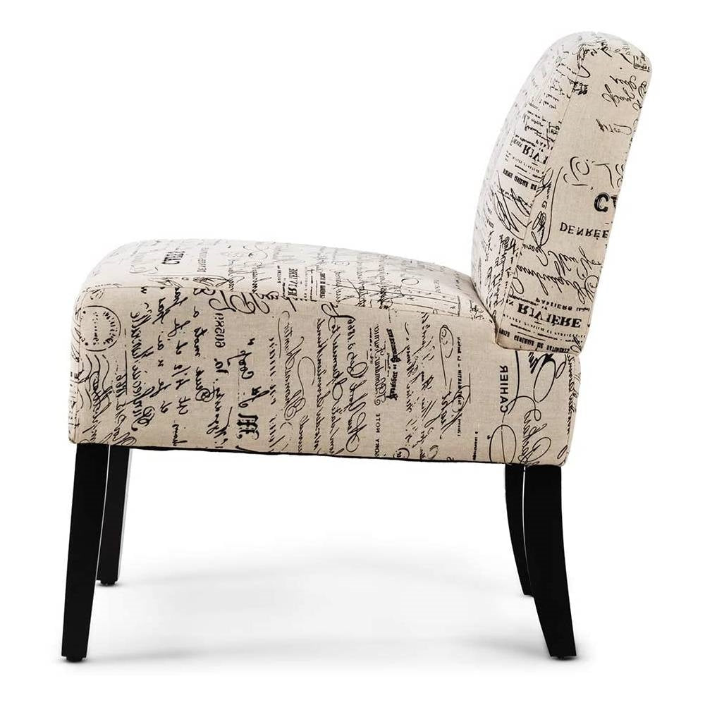 Modern Accent Chair Off-White French Cursive Pattern Upholstery with Black Wood Legs-1