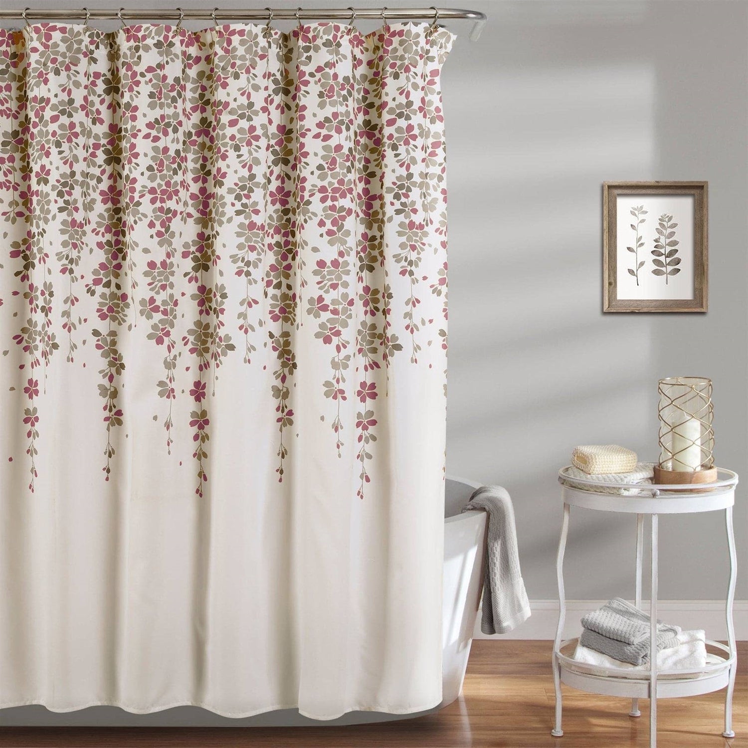 72-inch Tan Purple Grey Floral Flowers Shower Curtain-1