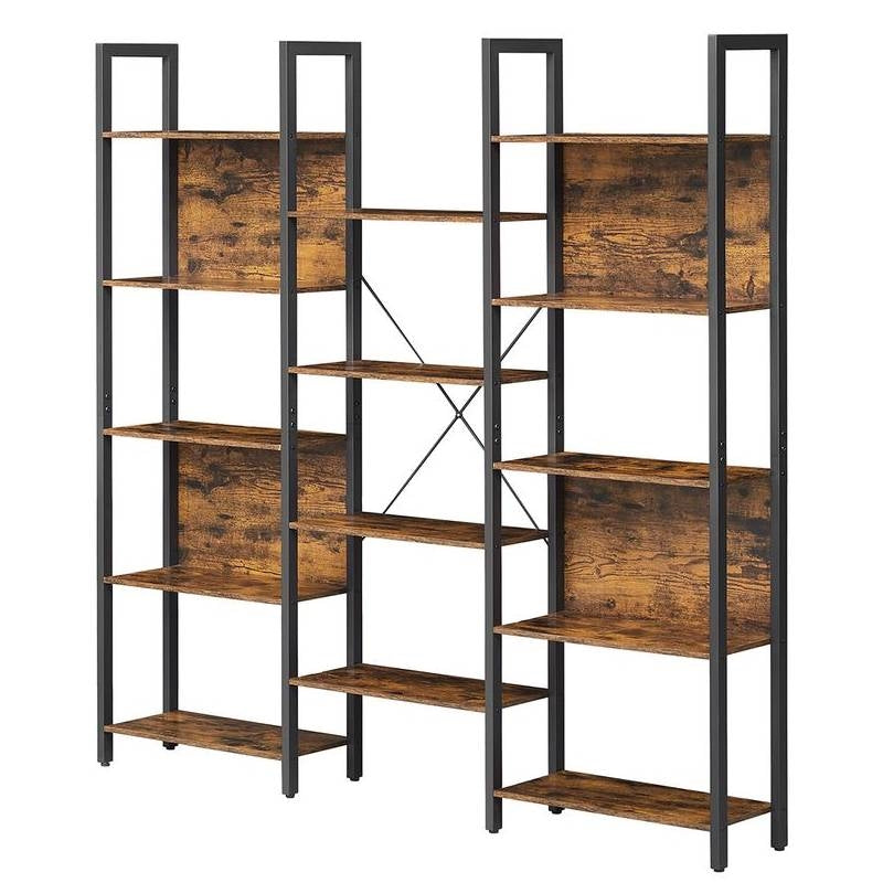 Industrial Farmhouse Rustic Brown Wood Black Metal 14-Shelf Bookcase-0