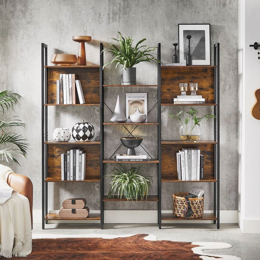 Industrial Farmhouse Rustic Brown Wood Black Metal 14-Shelf Bookcase-2