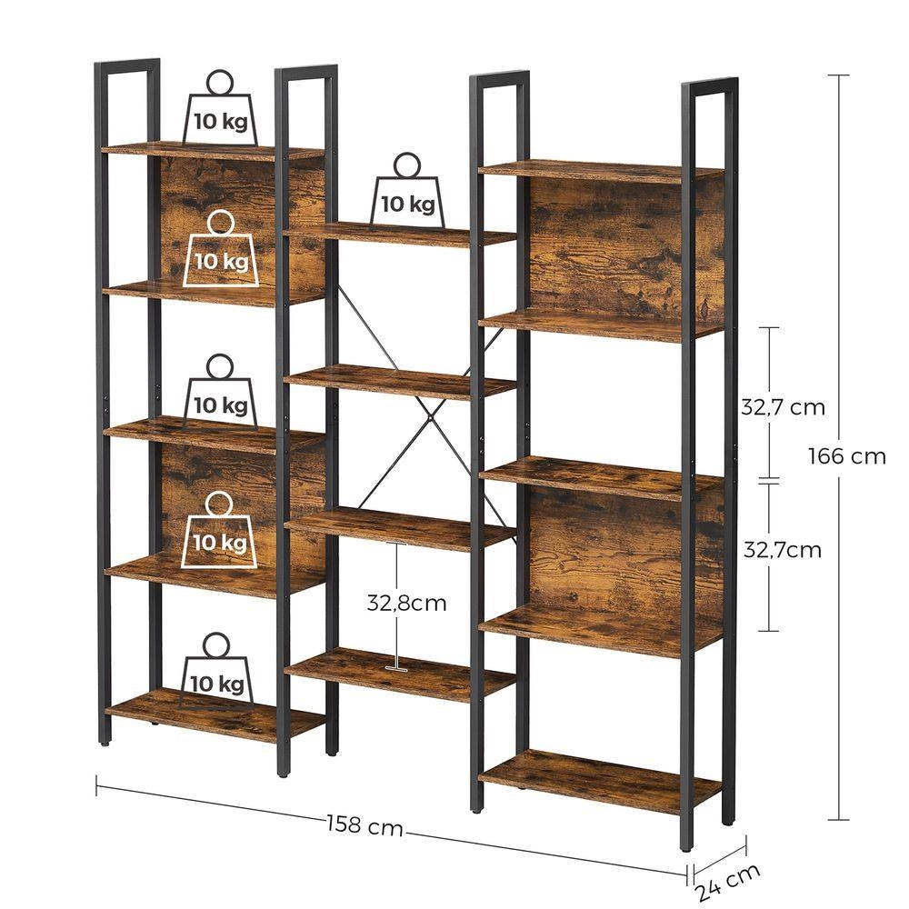 Industrial Farmhouse Rustic Brown Wood Black Metal 14-Shelf Bookcase-4