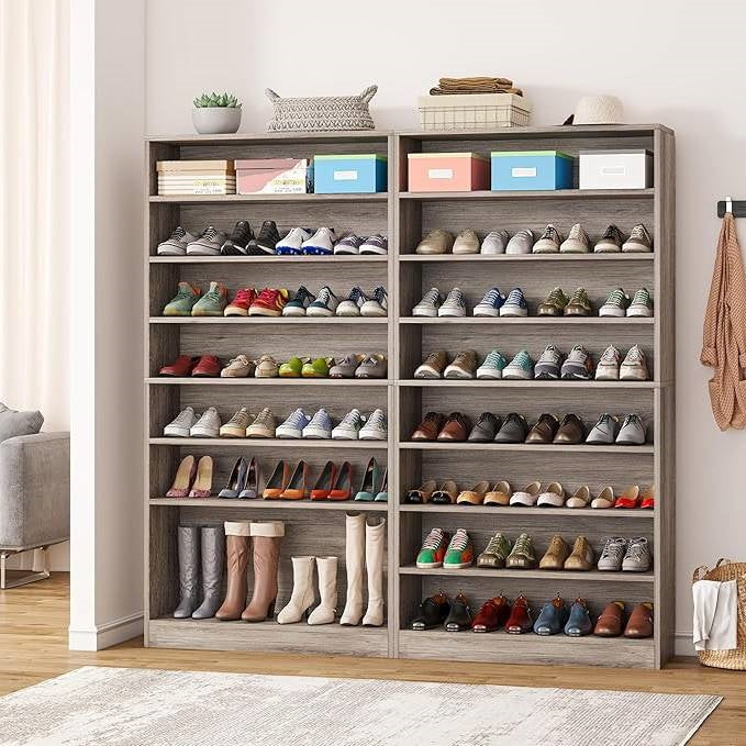 8-Shelf Shoe Rack Storage Cabinet in Grey Wood Finish - Holds Up To 45 Pairs-3