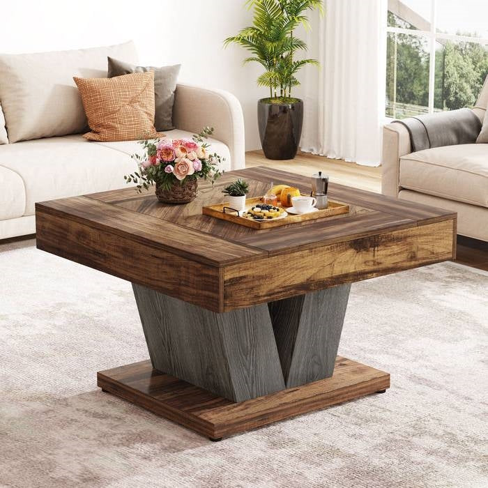 Square Farmhouse Coffee Table in Brown Black Wood Finish-0