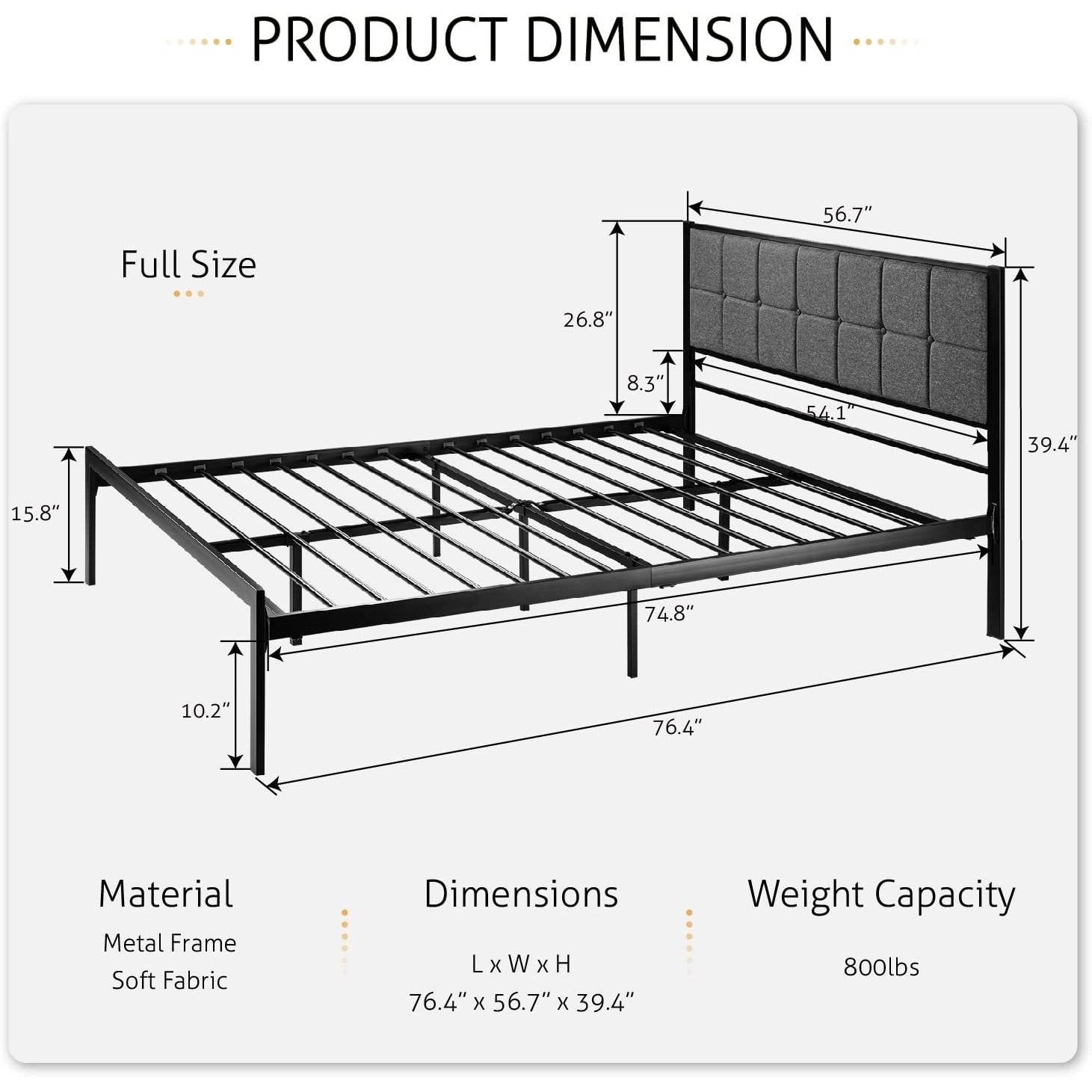 Full Metal Platform Bed Frame with Gray Button Tufted Upholstered Headboard-4