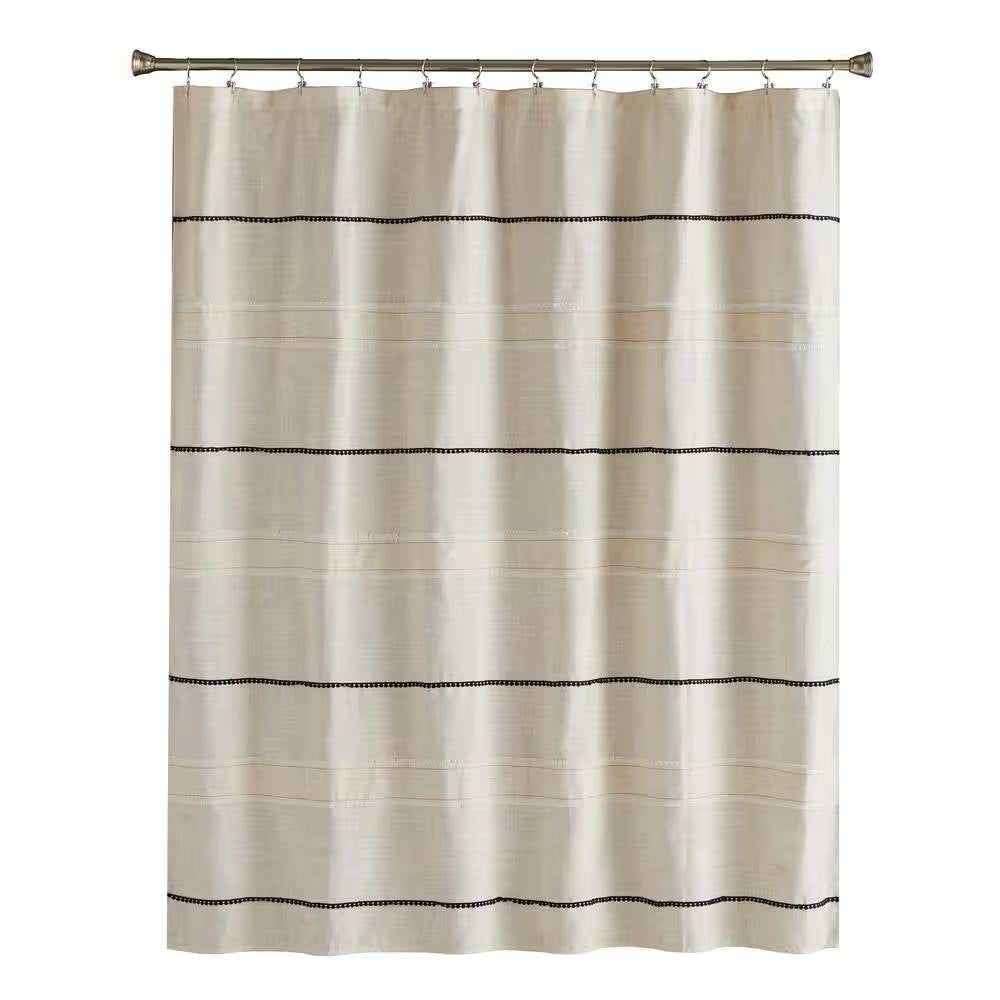 72-inch Polyester/Linen Fabric Shower Curtain in Beige with Black Stripes-0