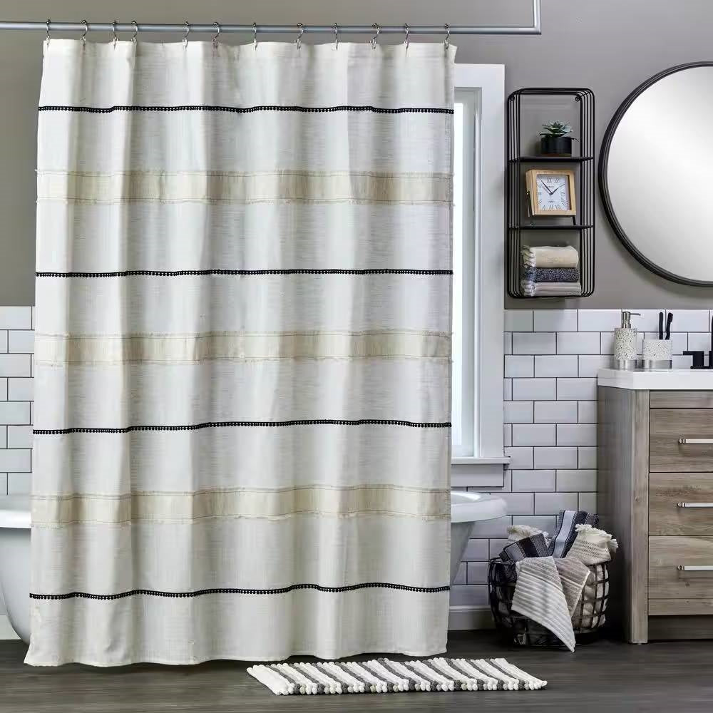 72-inch Polyester/Linen Fabric Shower Curtain in Beige with Black Stripes-2