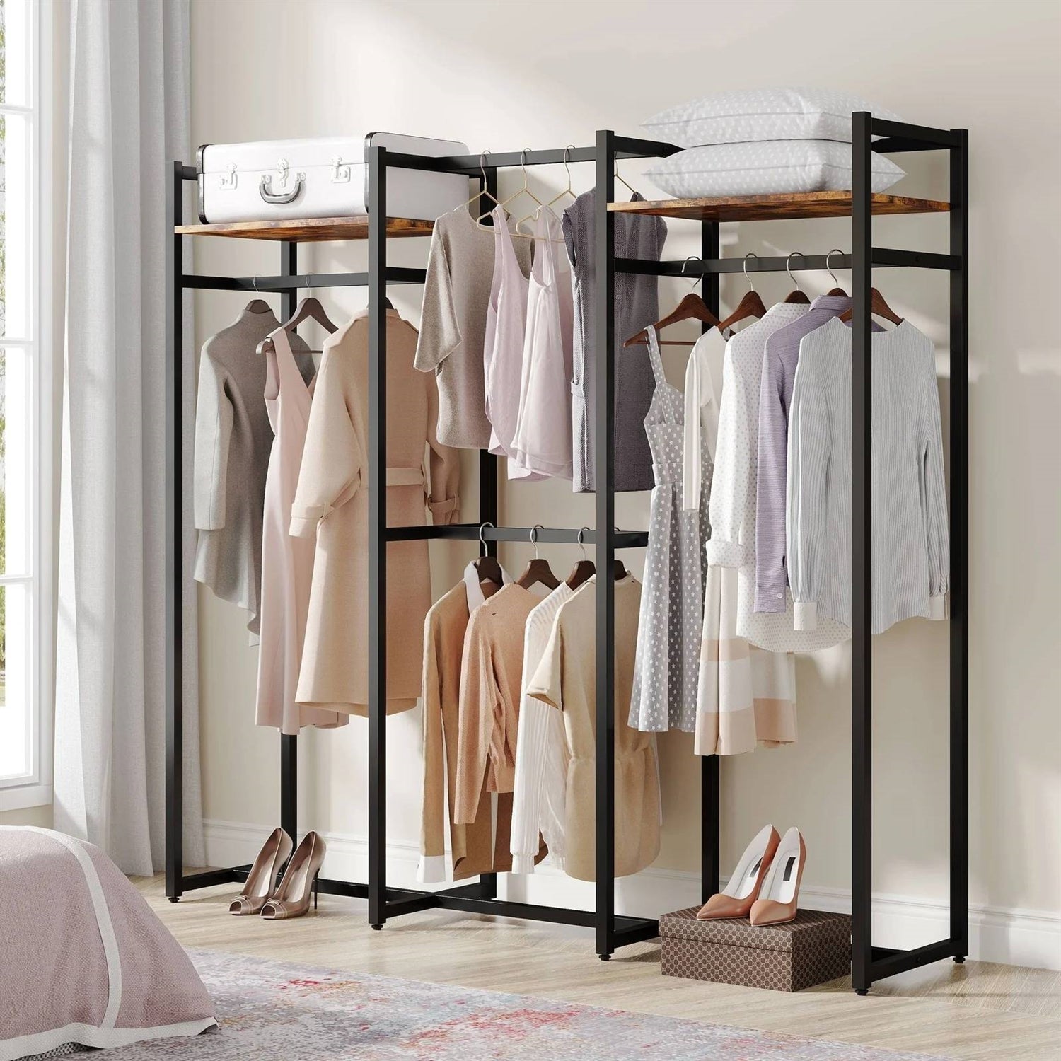 Black Metal Garment Rack with 4 Clothes Hanging Rods and 2 Wood Storage Shelves-2