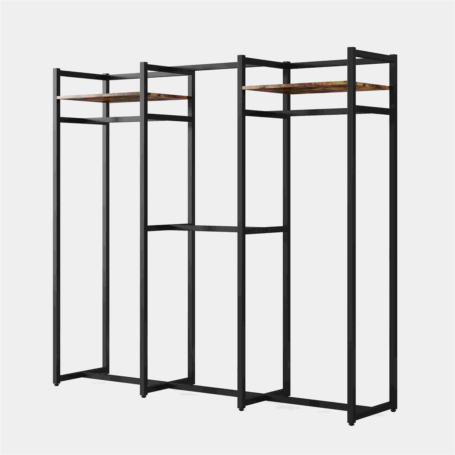 Black Metal Garment Rack with 4 Clothes Hanging Rods and 2 Wood Storage Shelves-3