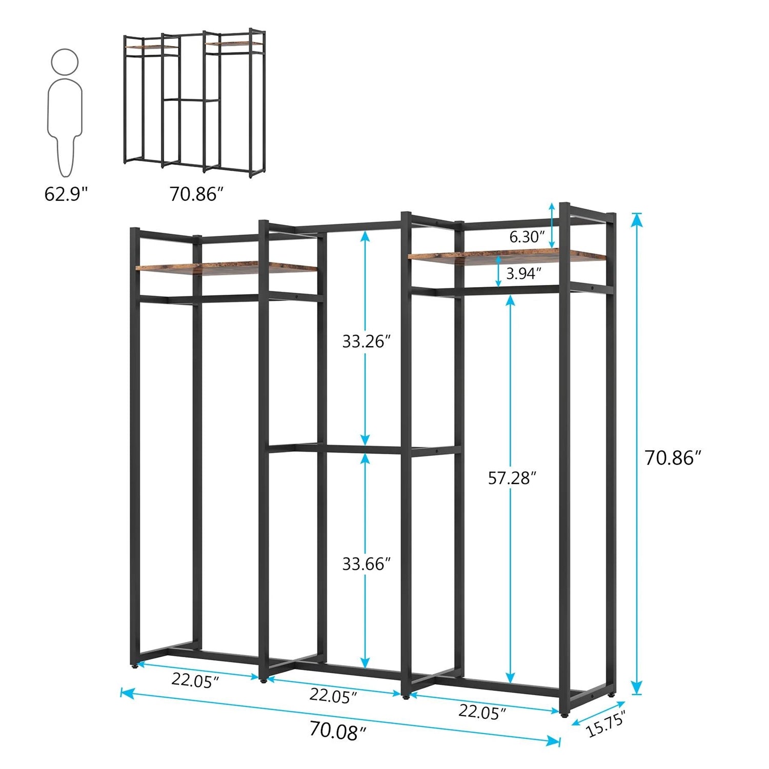 Black Metal Garment Rack with 4 Clothes Hanging Rods and 2 Wood Storage Shelves-4