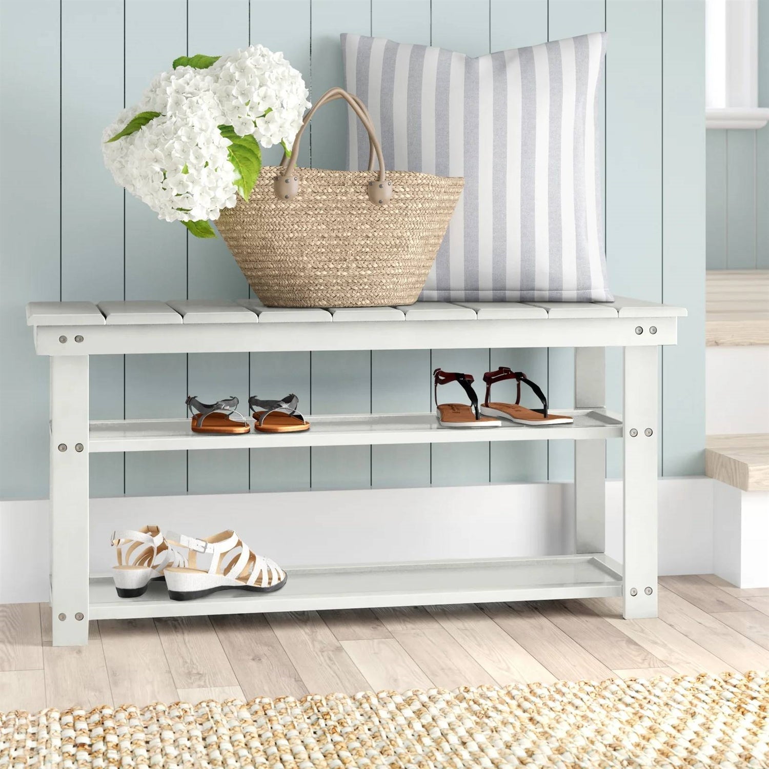 White Slatted Wood 2-Shelf Shoe Rack Storage Bench For Entryway or Closet-0