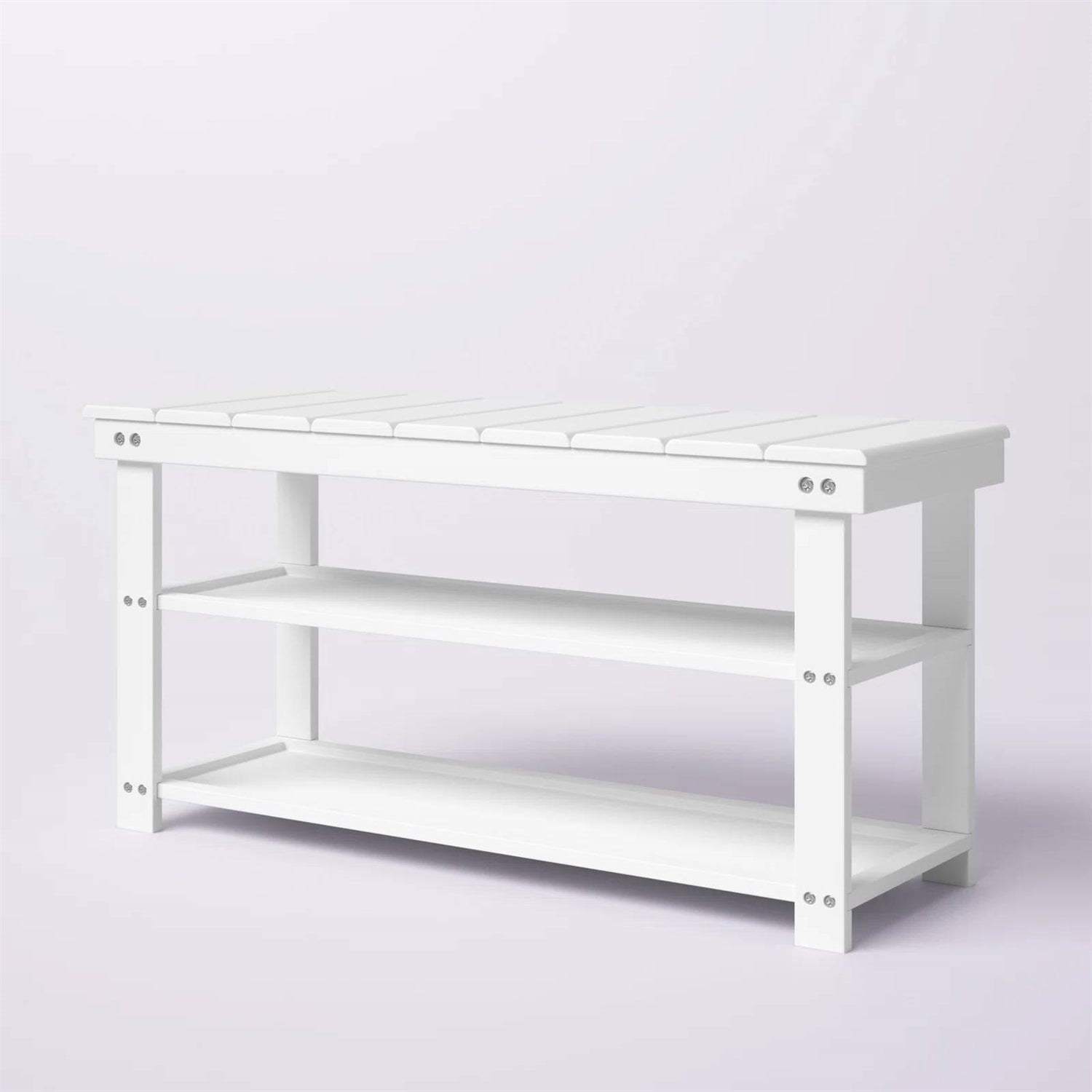 White Slatted Wood 2-Shelf Shoe Rack Storage Bench For Entryway or Closet-1