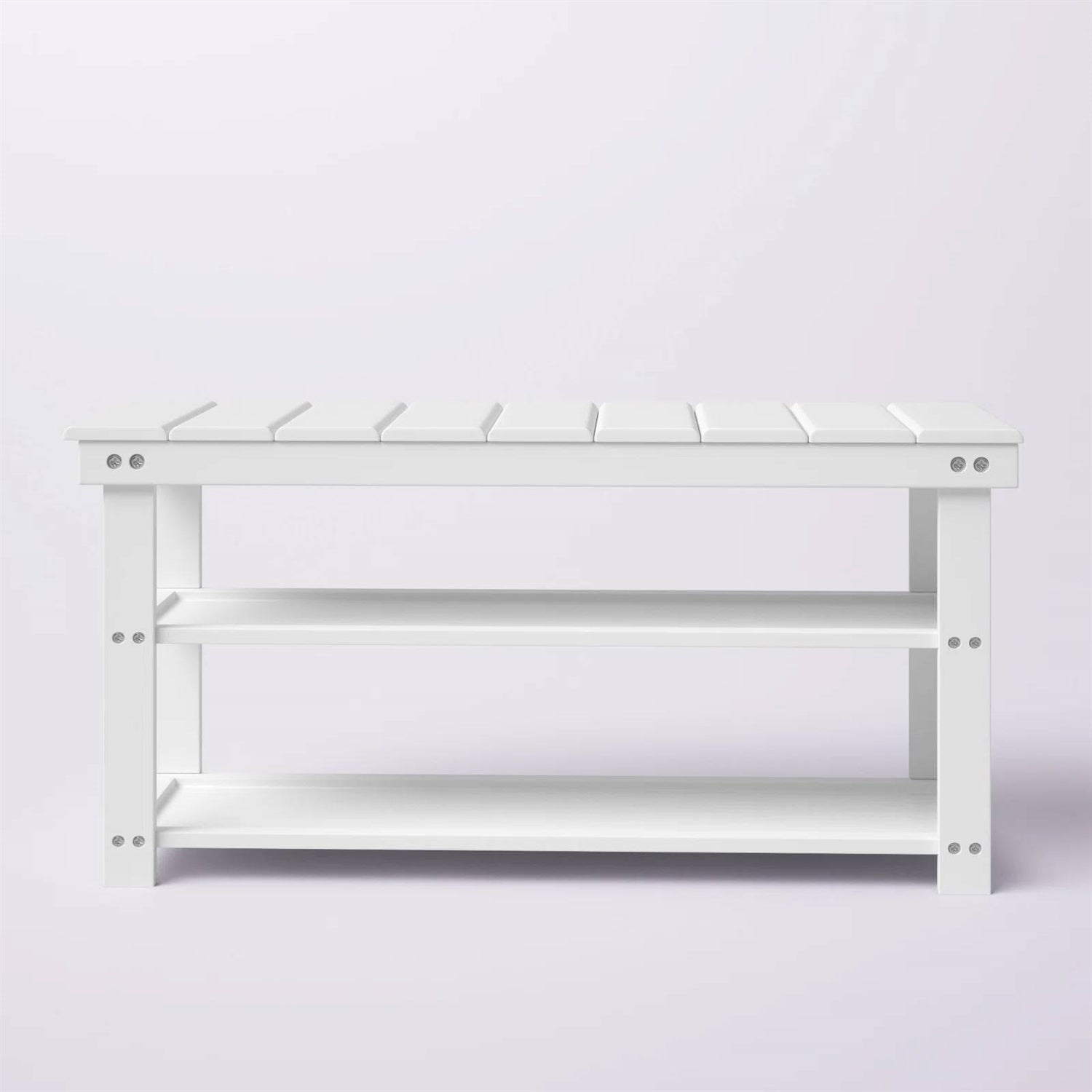 White Slatted Wood 2-Shelf Shoe Rack Storage Bench For Entryway or Closet-2