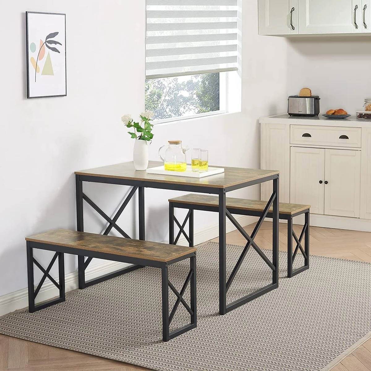 Modern Industrial Wood-Top Kitchen Dining Table Set with 2 Backless Benches-1