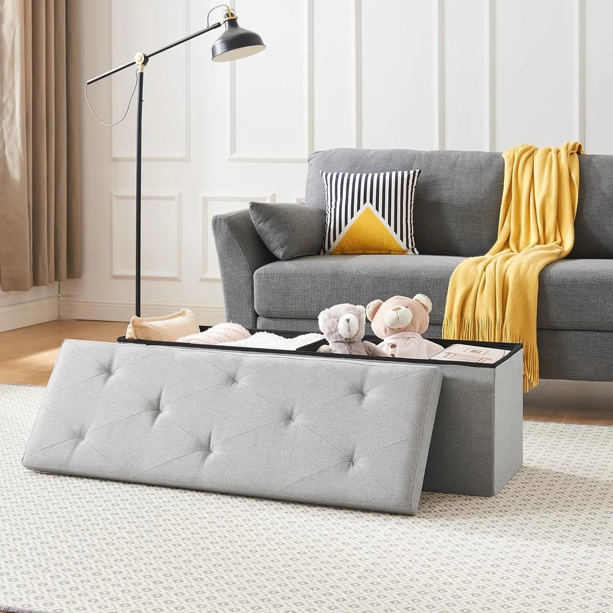 Light Grey Linen Upholstered Bedroom Living Room Entryway Storage Bench Ottoman-1