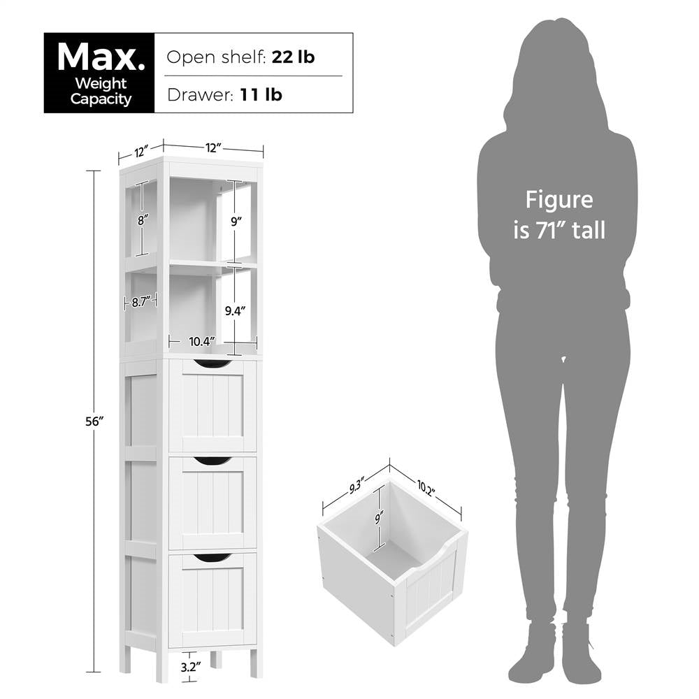 Bathroom Cabinet Tower with 3 Storage Drawers and 2 Shelves in White Wood Finish-4