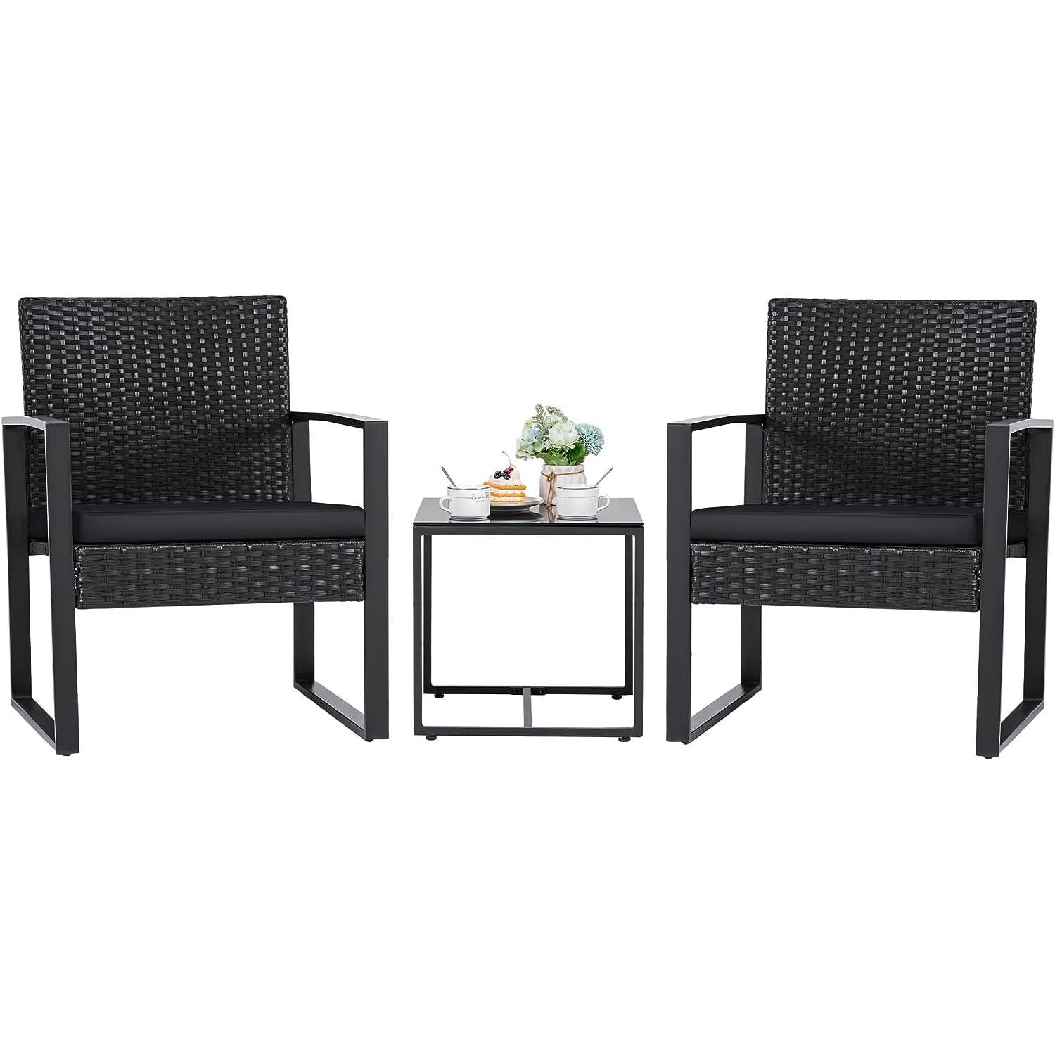 Outdoor 3-Piece Patio Furniture Set with 2 Black Patio Chairs and 1 Side Table-0