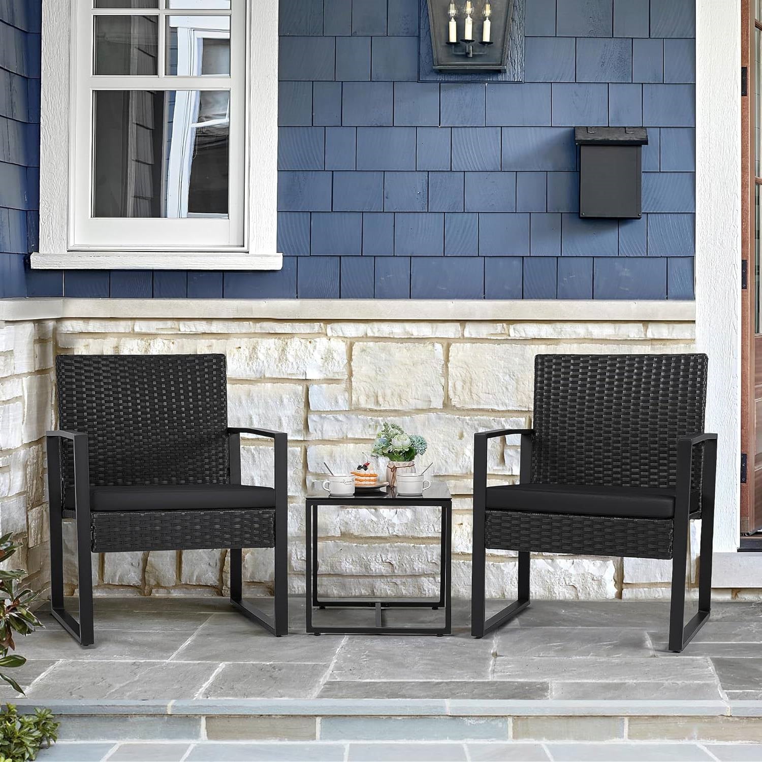 Outdoor 3-Piece Patio Furniture Set with 2 Black Patio Chairs and 1 Side Table-2