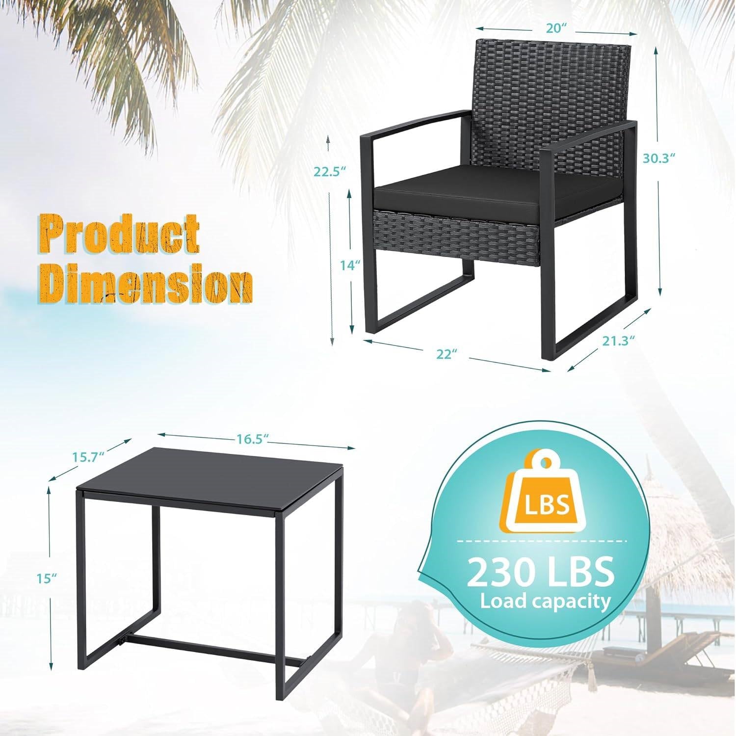 Outdoor 3-Piece Patio Furniture Set with 2 Black Patio Chairs and 1 Side Table-4