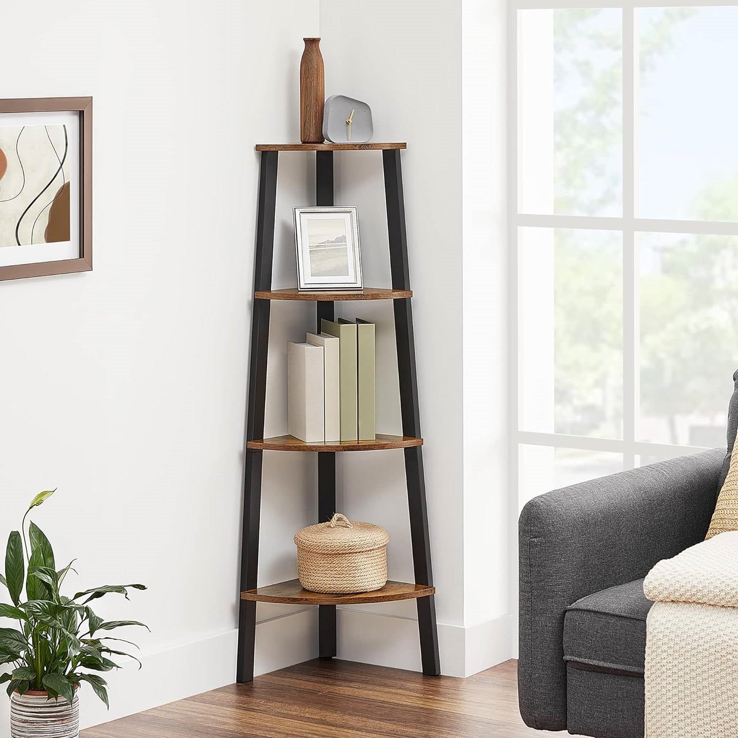 Narrow 3-Shelf Corner Shelving Unit Plant Stand Bookcase in Brown Black Wood-2