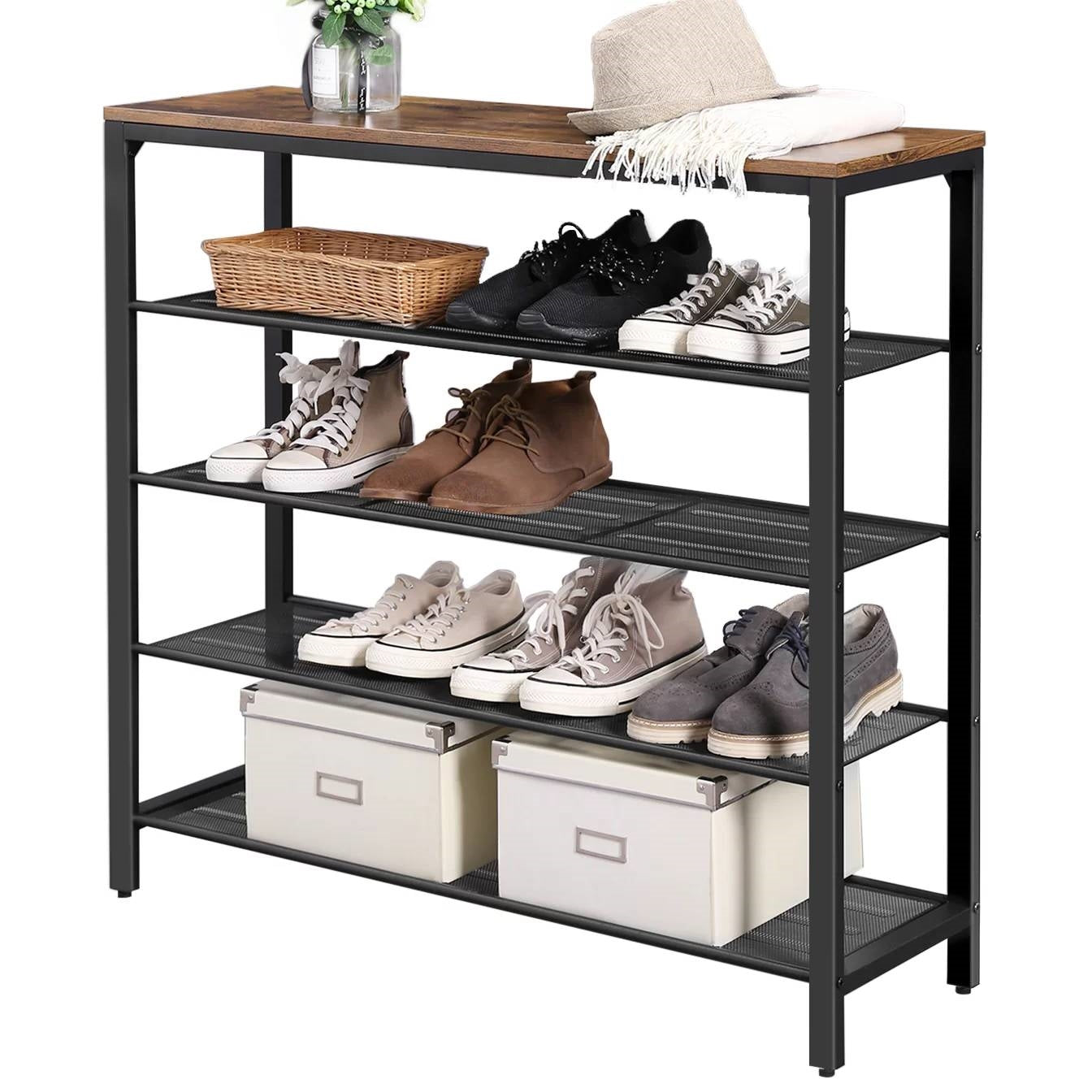 Modern Industrial Style 5-Tier Black Metal Shoe Rack with Brown Wood Top-0