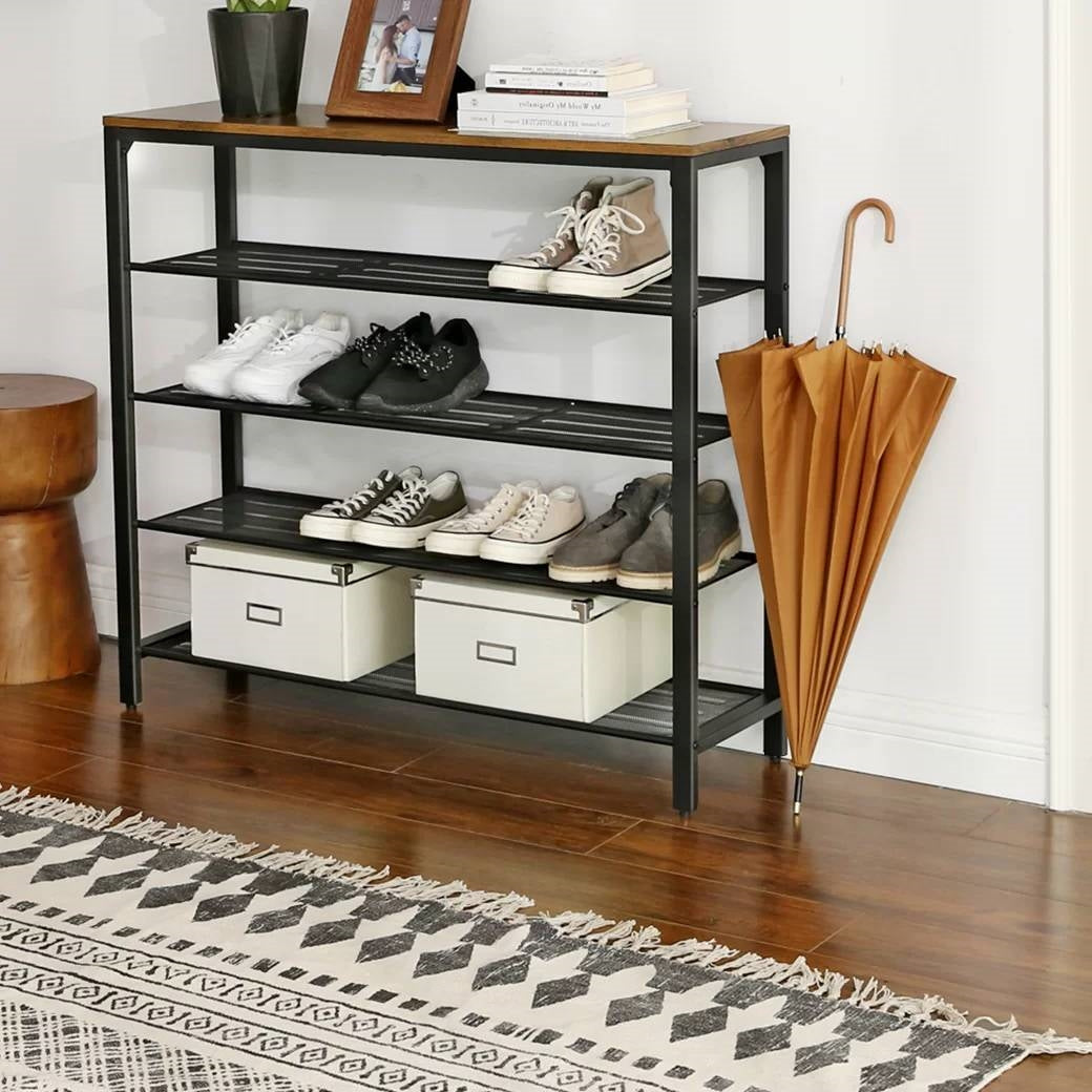 Modern Industrial Style 5-Tier Black Metal Shoe Rack with Brown Wood Top-1