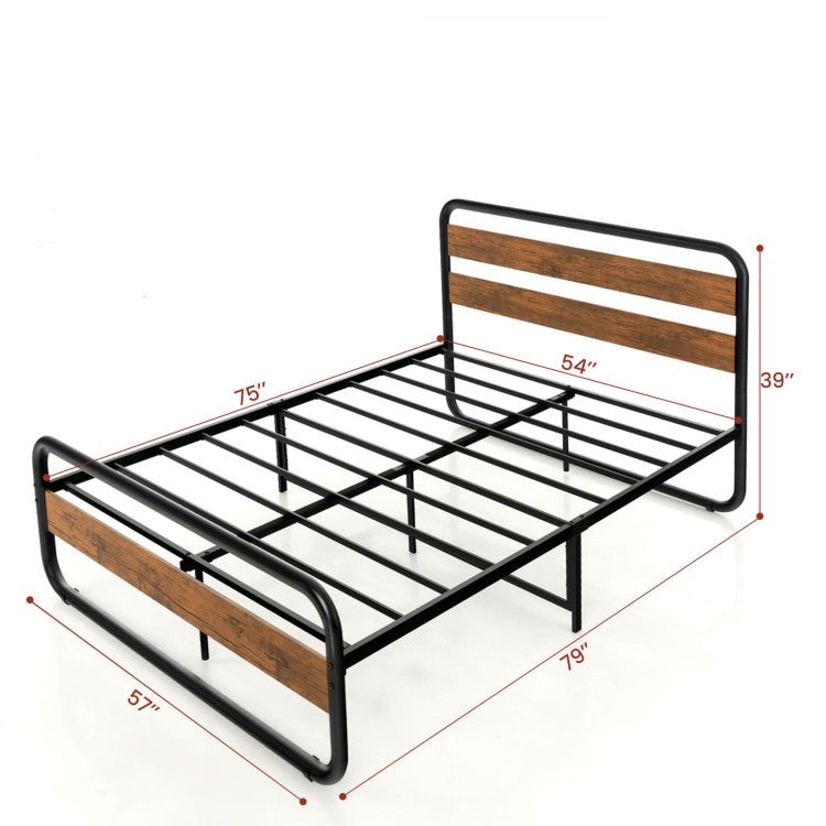 Full Industrial Wood and Metal Tube Platform Bed with Headboard and Footboard-3