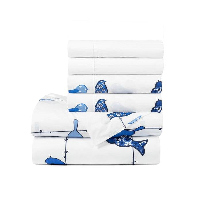 Full size Blue White Floral Birds on Wire Soft Polyester 6 Piece Sheet Set-1