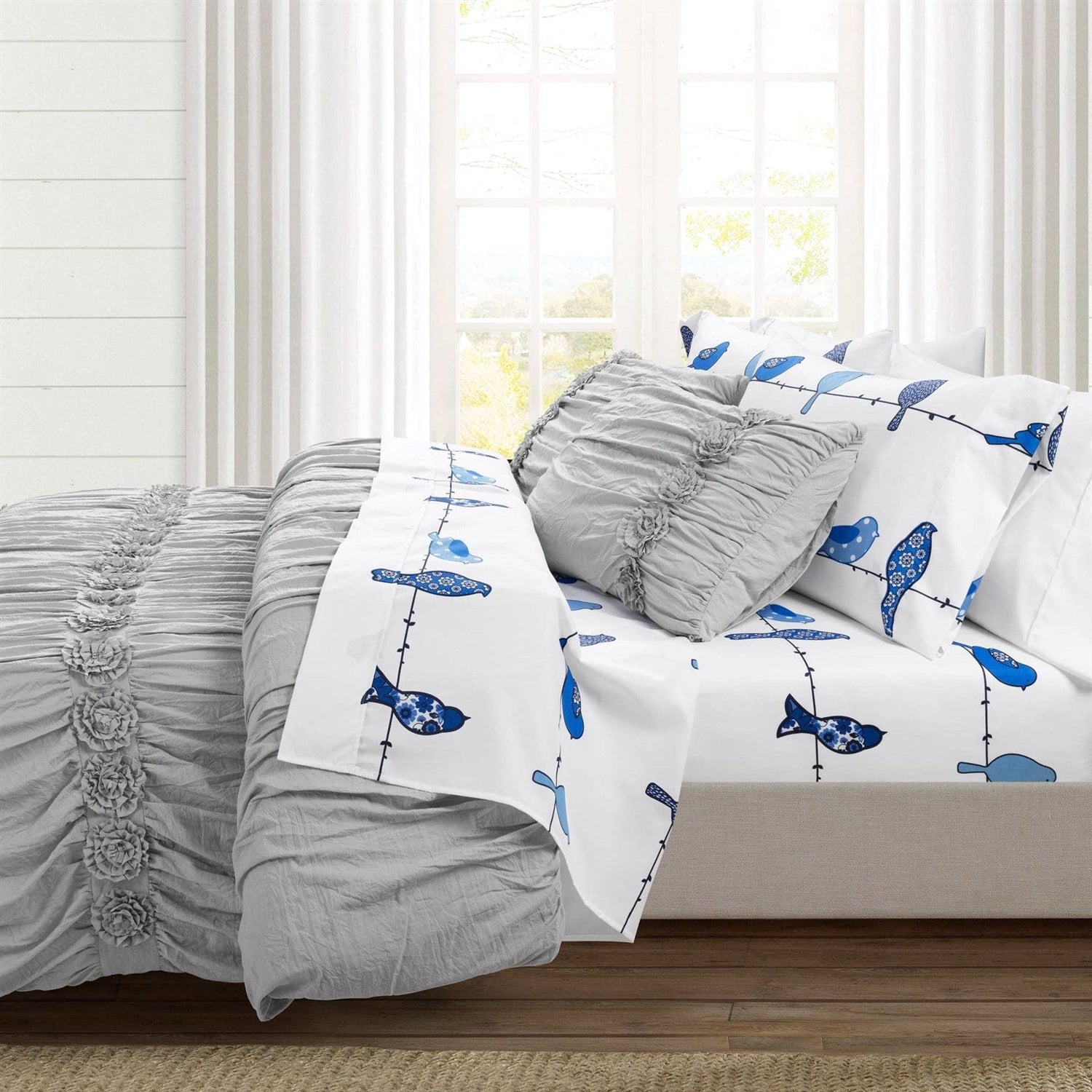 Full size Blue White Floral Birds on Wire Soft Polyester 6 Piece Sheet Set-4