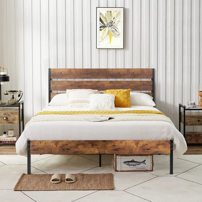 Full Industrial Platform Bed Frame with Brown Wood Slatted Headboard Footboard-0