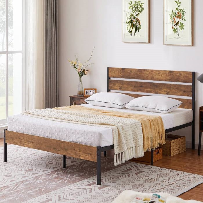 Full Industrial Platform Bed Frame with Brown Wood Slatted Headboard Footboard-1