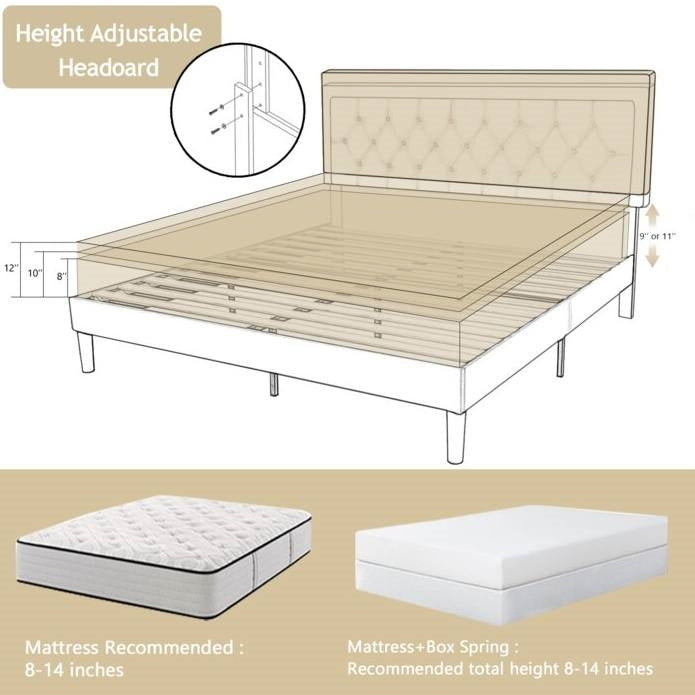 Full Size Adjustable Height Platform Bed Frame with Beige Upholstered Headboard-4