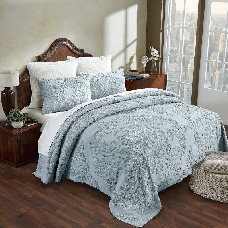 Full Size 100-Percent Cotton Chenille 3-Piece Coverlet Bedspread Set in Blue-0