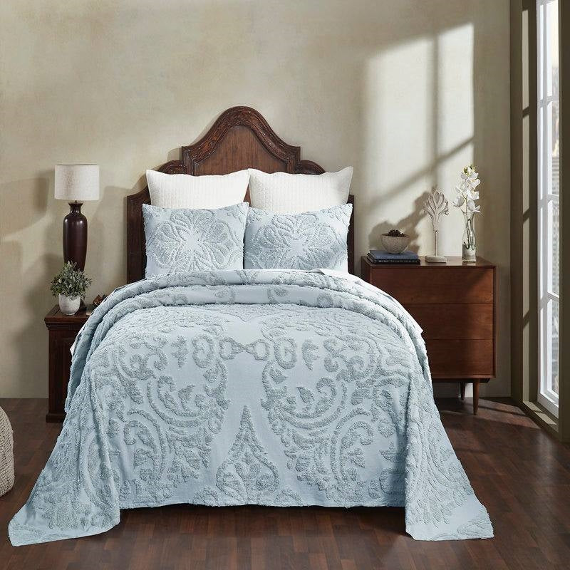 Full Size 100-Percent Cotton Chenille 3-Piece Coverlet Bedspread Set in Blue-1