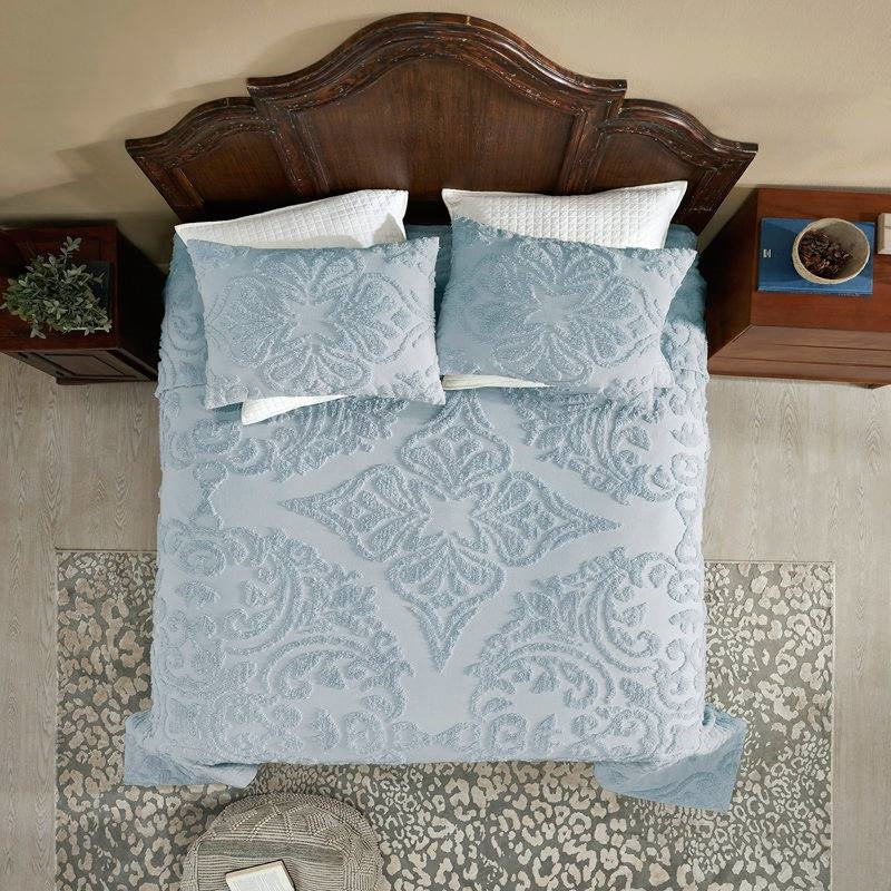 Full Size 100-Percent Cotton Chenille 3-Piece Coverlet Bedspread Set in Blue-2