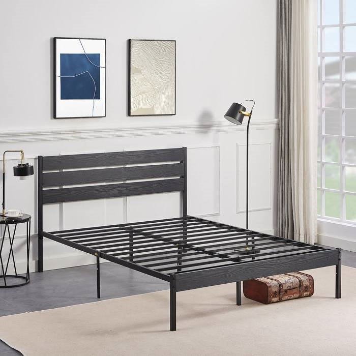 Full size Industrial Platform Bed Frame with Wood Slatted Headboard in Black-0