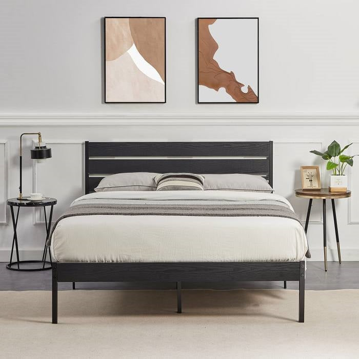 Full size Industrial Platform Bed Frame with Wood Slatted Headboard in Black-2