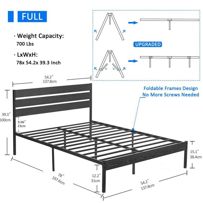 Full size Industrial Platform Bed Frame with Wood Slatted Headboard in Black-4