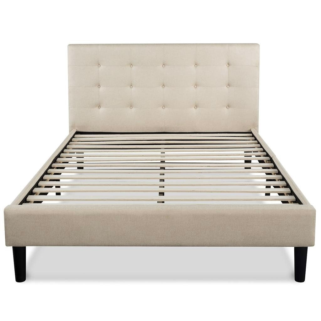 Full size Platform Bed Frame with Taupe Button Tufted Upholstered Headboard-0