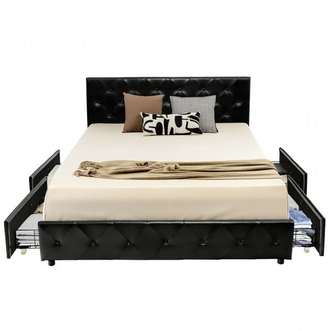 Full Size Black PU Leather Button Tufted Platform Bed with 4 Storage Drawers-0