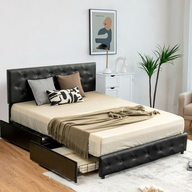 Full Size Black PU Leather Button Tufted Platform Bed with 4 Storage Drawers-2