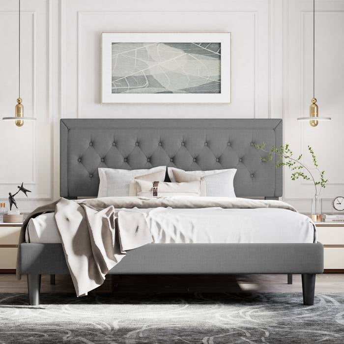 Full Size Dark Grey Linen Upholstered Platform Bed with Button-Tufted Headboard-0