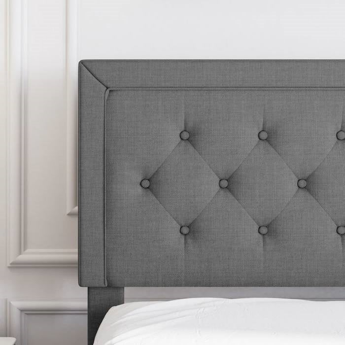 Full Size Dark Grey Linen Upholstered Platform Bed with Button-Tufted Headboard-2