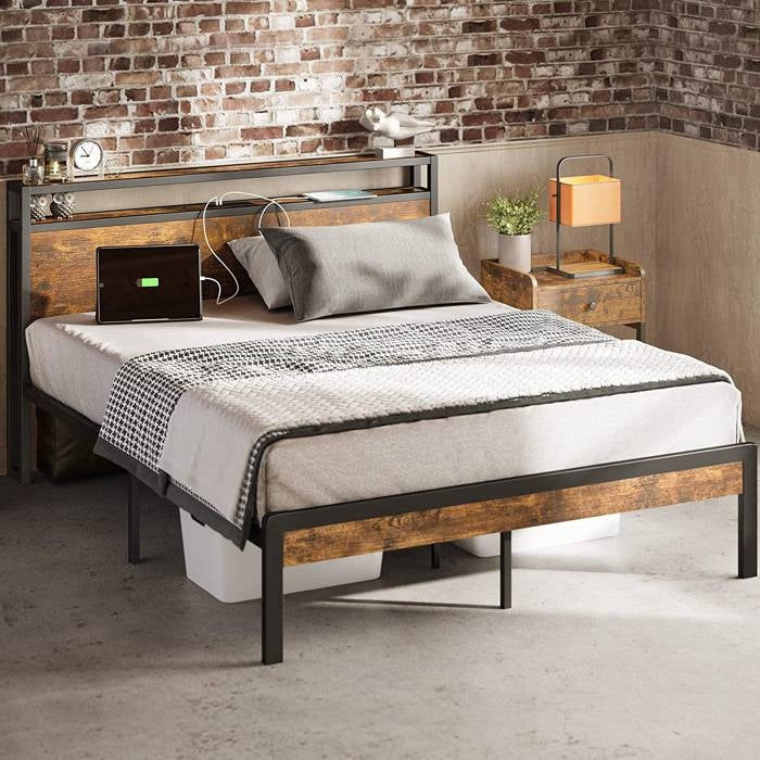 Full Size Industrial Platform Bed Frame with Storage Headboard and Power Outlets-1