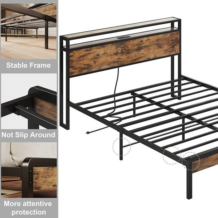 Full Size Industrial Platform Bed Frame with Storage Headboard and Power Outlets-2