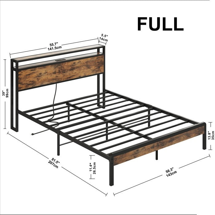 Full Size Industrial Platform Bed Frame with Storage Headboard and Power Outlets-3